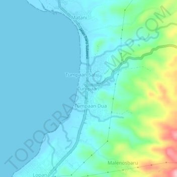 Mapa topográfico Tumpaan, altitud, relieve
