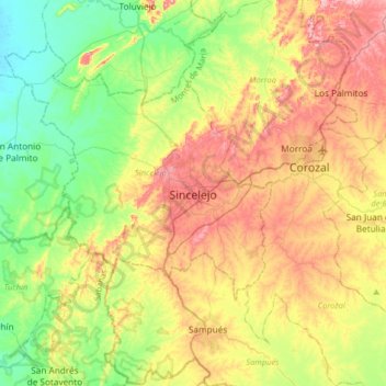 Mapa topográfico Sincelejo, altitud, relieve