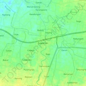 Mapa topográfico Sawahan, altitud, relieve