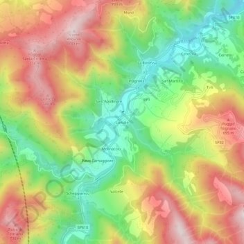 Mapa topográfico Coniale, altitud, relieve
