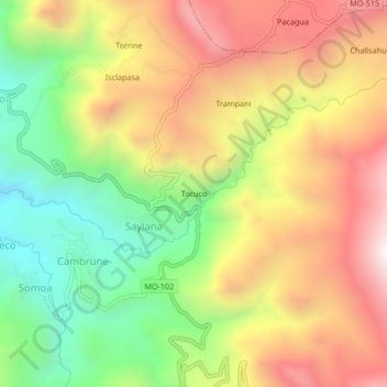 Mapa topográfico Tocuco, altitud, relieve