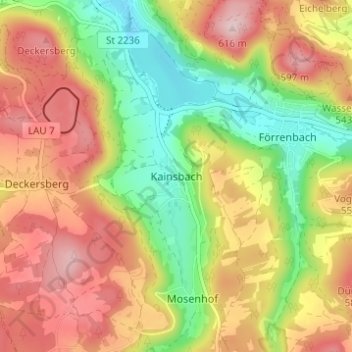 Mapa topográfico Kainsbach, altitud, relieve