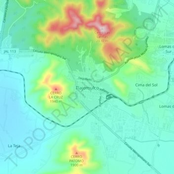 Mapa topográfico Tlajomulco, altitud, relieve