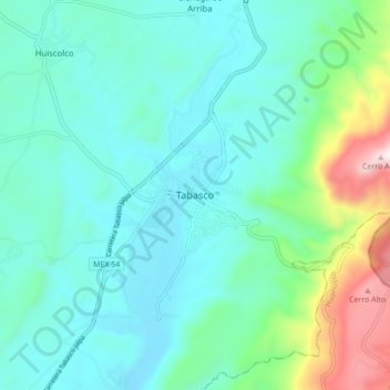 Mapa topográfico Tabasco, altitud, relieve