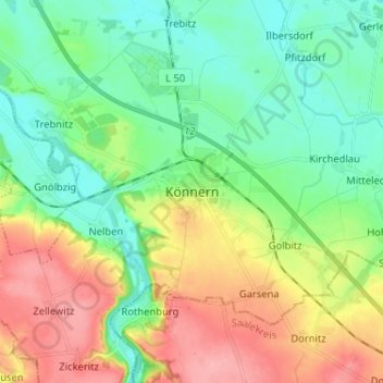 Mapa topográfico Könnern, altitud, relieve
