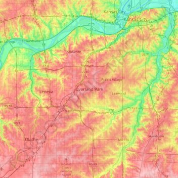 Mapa topográfico Overland Park, altitud, relieve