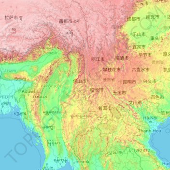 Mapa topográfico 怒江, altitud, relieve