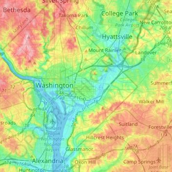 Mapa topográfico Washington D. C., altitud, relieve