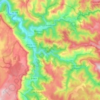 Mapa topográfico Florac Trois Rivières, altitud, relieve