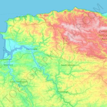 Mapa topográfico North Devon, altitud, relieve
