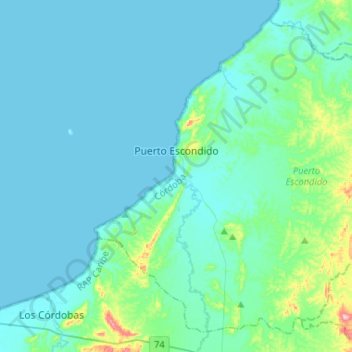 Mapa topográfico Puerto Escondido, altitud, relieve