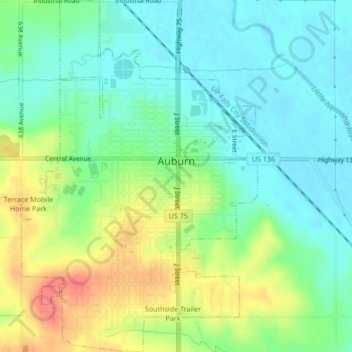 Mapa topográfico Auburn, altitud, relieve