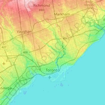Mapa topográfico Toronto, altitud, relieve