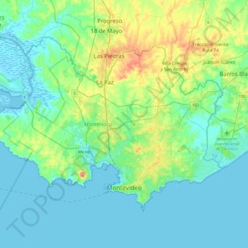 Mapa topográfico Montevideo, altitud, relieve