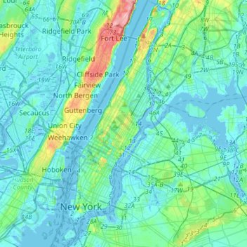 Mapa topográfico Manhattan, altitud, relieve