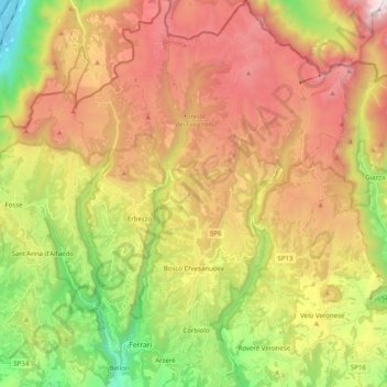 Mapa topográfico Bosco Chiesanuova, altitud, relieve