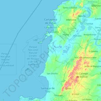 Mapa topográfico Cartagena de Indias, altitud, relieve