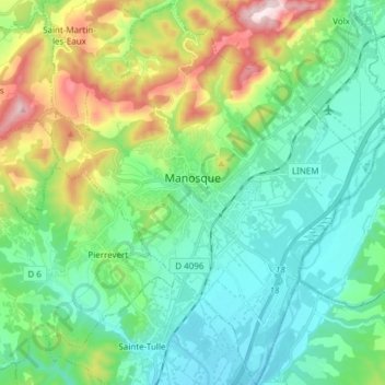 Mapa topográfico Manosque, altitud, relieve