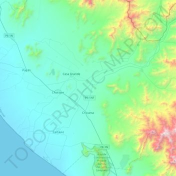 Mapa topográfico Chicama, altitud, relieve