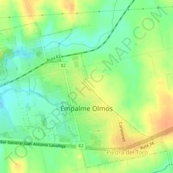 Mapa topográfico Empalme Olmos, altitud, relieve