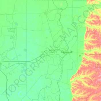 Mapa topográfico Leflore County, altitud, relieve