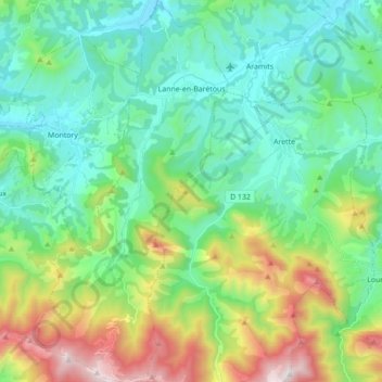 Mapa topográfico Lanne-en-Barétous, altitud, relieve