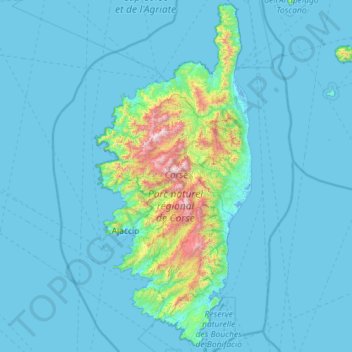 Mapa topográfico Córcega, altitud, relieve