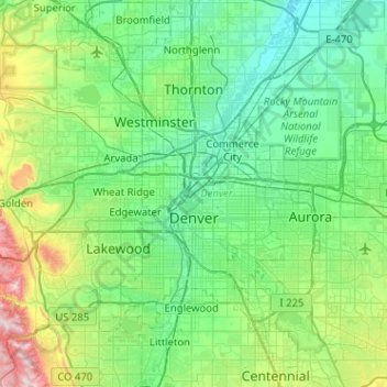 Mapa topográfico Denver, altitud, relieve