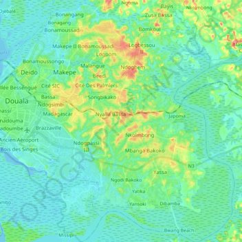 Mapa topográfico Douala III, altitud, relieve