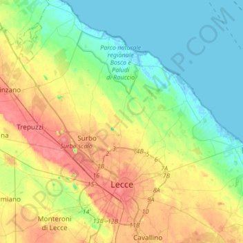 Mapa topográfico Lecce, altitud, relieve