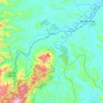 Mapa topográfico Cajati, altitud, relieve