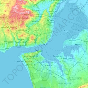 mapa topografico lisboa Mapa topográfico Lisboa, altitud, relieve