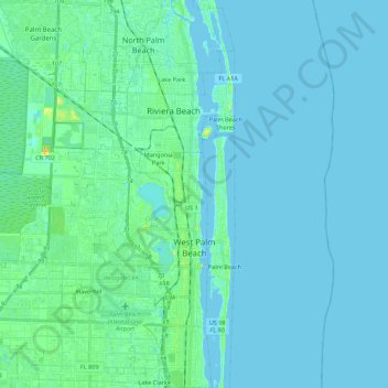 Mapa topográfico West Palm Beach, altitud, relieve