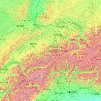 Mapa topográfico Suiza, altitud, relieve
