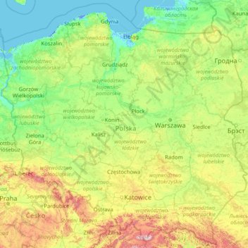 Mapa topográfico Polonia, altitud, relieve