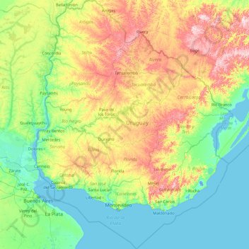 Mapa topográfico Uruguay, altitud, relieve